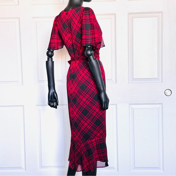 Ralph Lauren red plaid chiffon dress belted flatter short sleeve size 2 - Picture 8 of 14